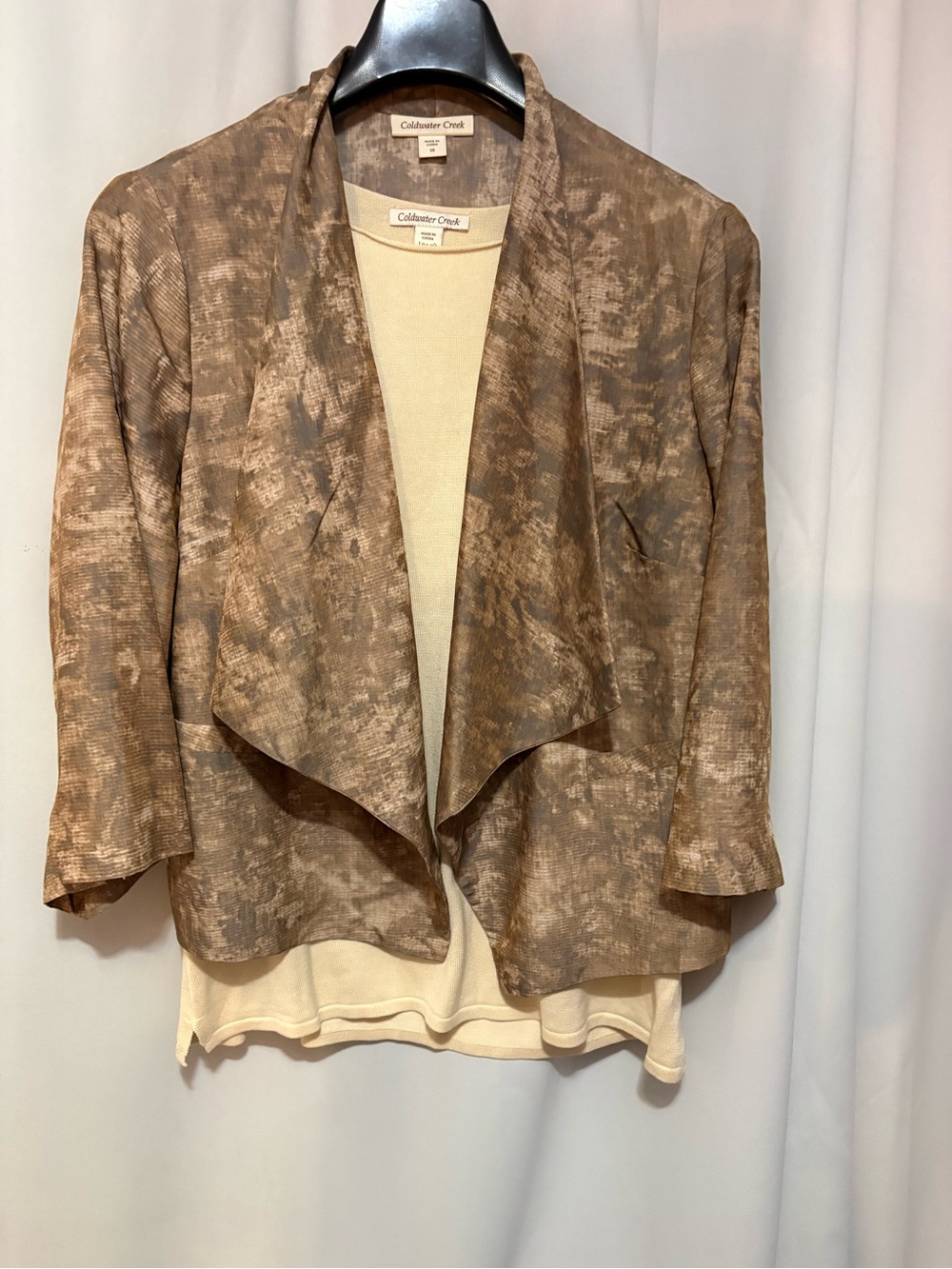 Coldwater Creek 2pc Women's Taupe Draped Open-Front Jacket & top